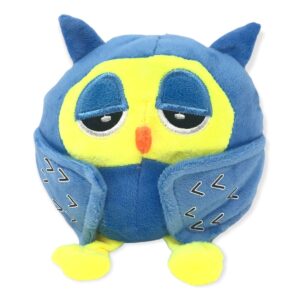 buho de peluche azul con amarillo