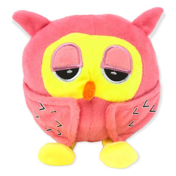 buho de peluche rosa con amarillo