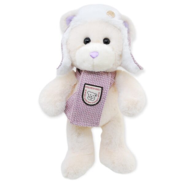 oso de peluche beige con gorro y bufanda