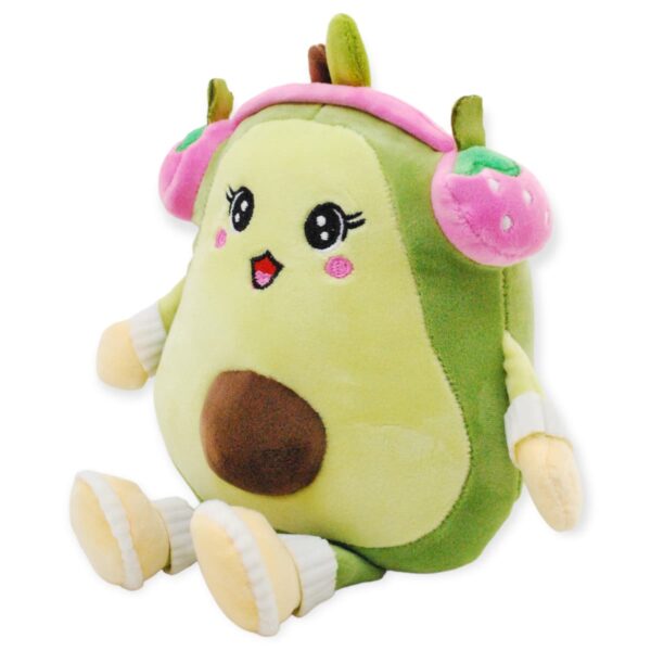 peluche de aguacate con audifonos rosas sentado