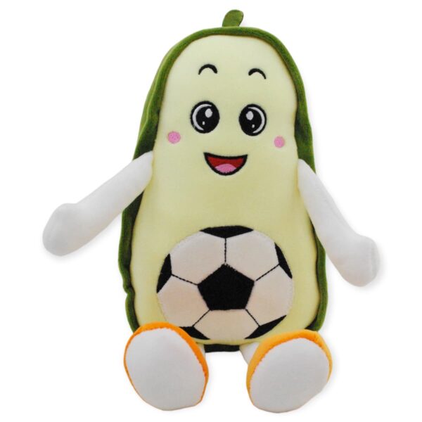 peluche de aguacate con balon de futbol sentado