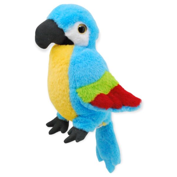 perico de peluche azul con sonido