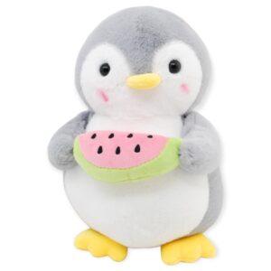 pinguinos de peluche gris con una sandia