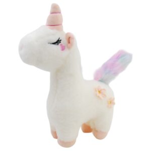 unicornio de peluche blanco con cuerno rosa