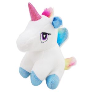 unicornio de peluche blanco con patas azules