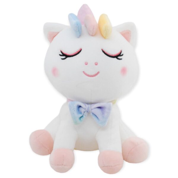 unicornio de peluche blanco sonriente con cuerno rosa