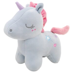 unicornio de peluche gris