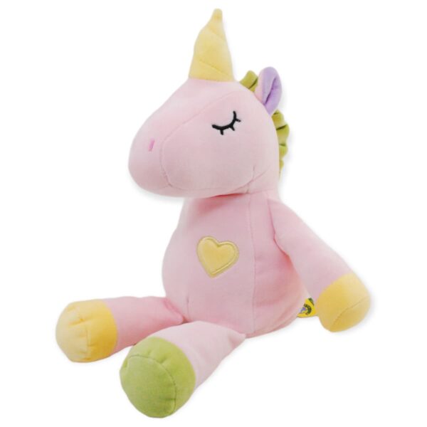 unicornio de peluche rosa con amarillo