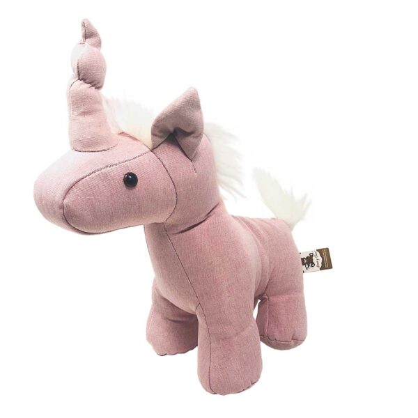 unicornio de peluche rosa con cabello blanco