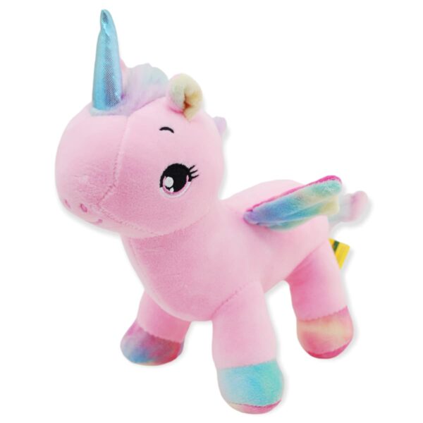 unicornio de peluche rosa cuerno azul