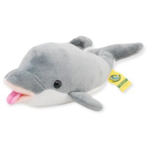 delfin de peluche gris lengua afuera