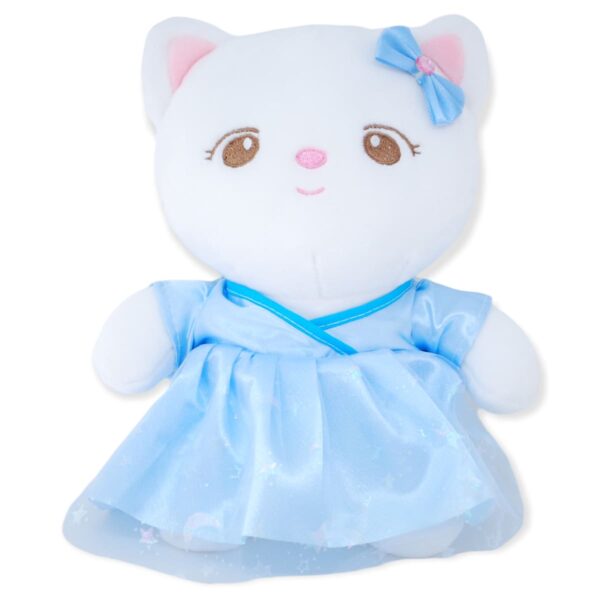 gatita de peluche blanca vestido azul y moño azul