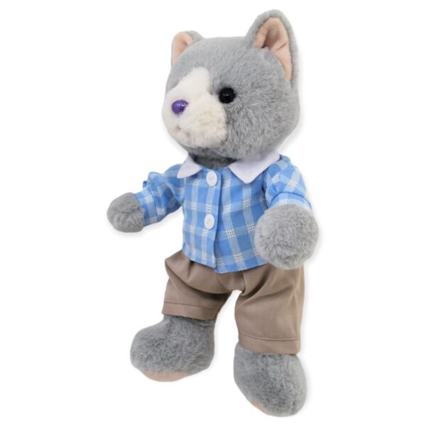 gato de peluche gris camisa azul 2