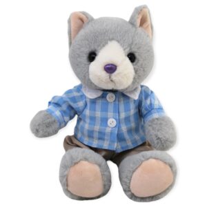 gato de peluche gris camisa azul