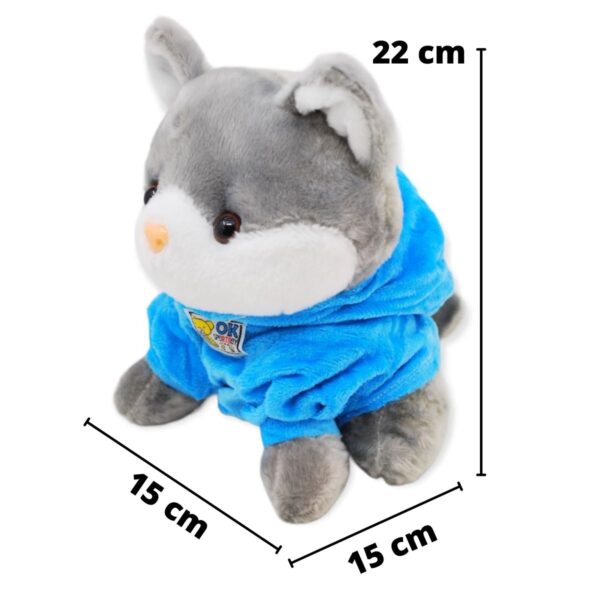 gato de peluche gris sudadera azul 2