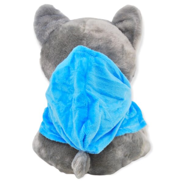 gato de peluche gris sudadera azul 4