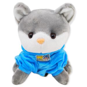 gato de peluche gris sudadera azul