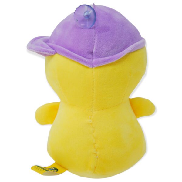 pato de peluche amarillo gorra morada 3