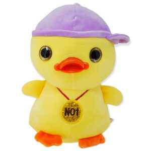 pato de peluche amarillo gorra morada