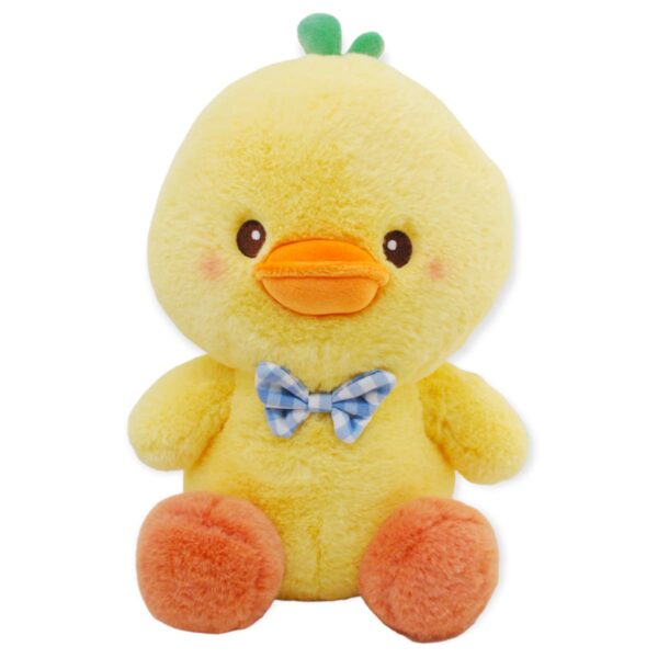 pato de peluche amarillo moño azul