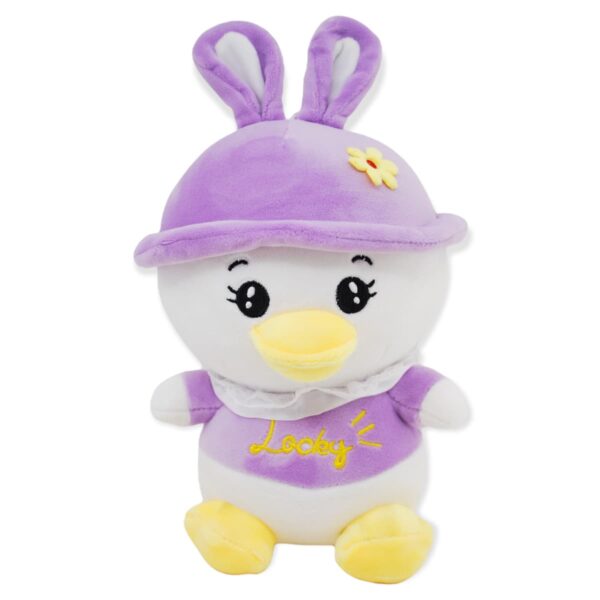 pato de peluche blanco gorro morado