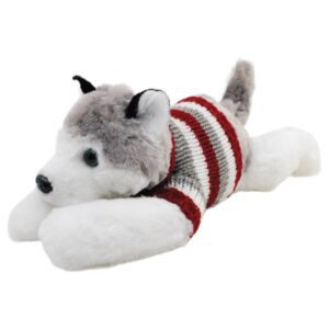 perro de peluche husky blanco con sueter rayado