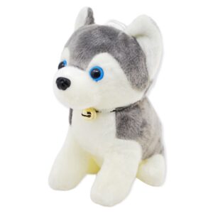 perro de peluche husky gris con collar