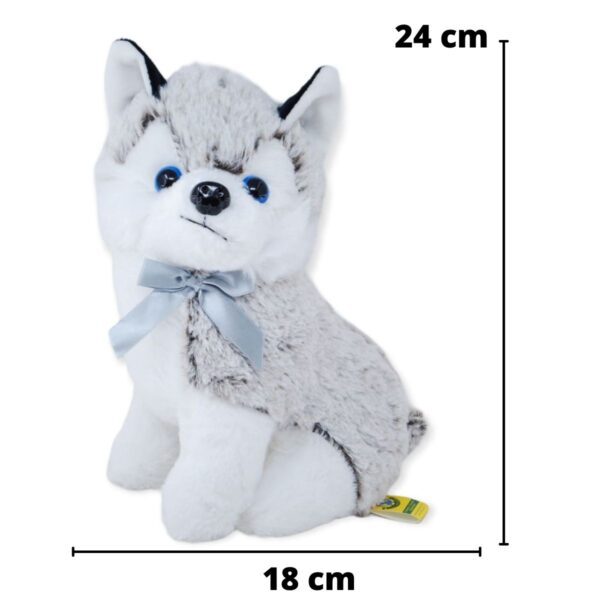 perro husky de peluche gris moño azul 2