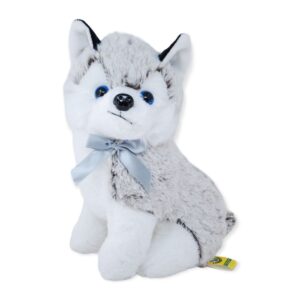 perro husky de peluche gris moño azul