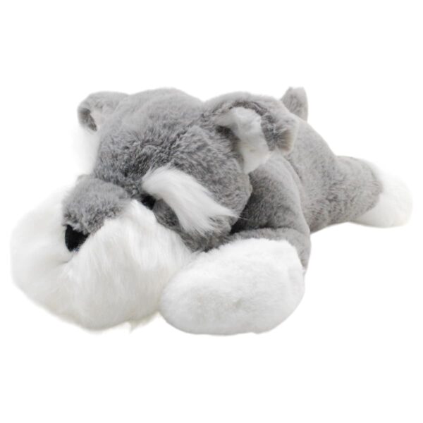 perro schnauzer de peluche gris acostado